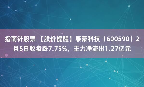 指南针股票 【股价提醒】泰豪科技（600590）2月5日收盘跌7.75%，主力净流出1.27亿元